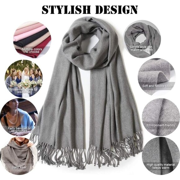 Women's Grey Pashmina Shawl Wraps Cashmere Feel Winter Scarf Soft Warm Blanket - Picture 4 of 6